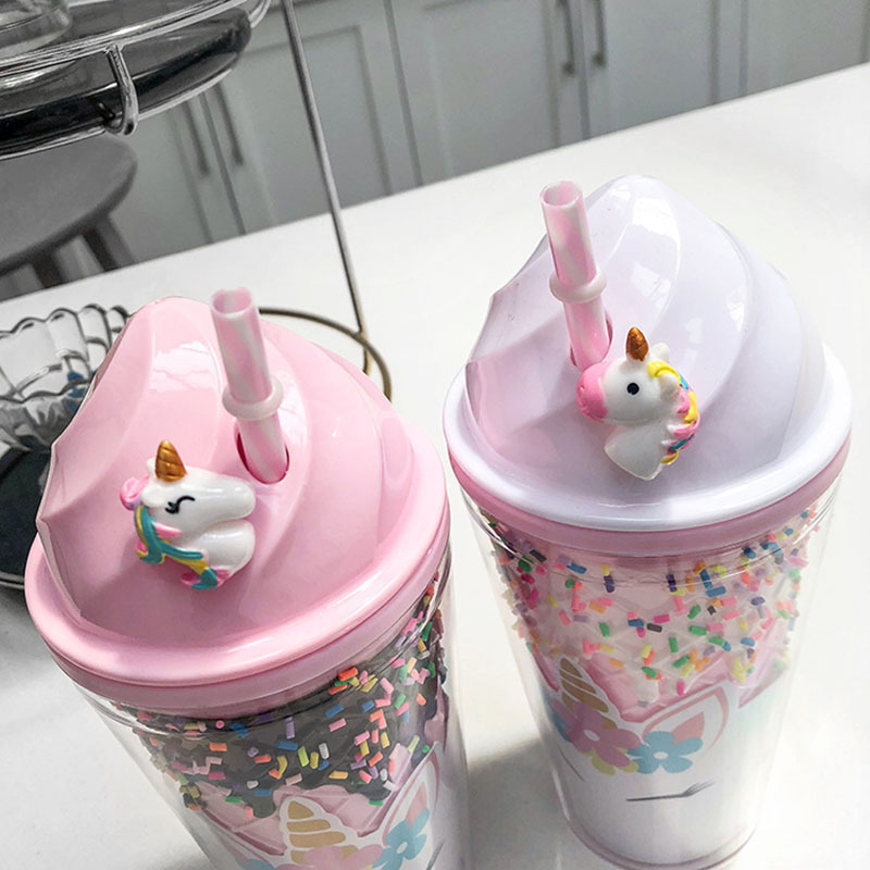 Zogifts korean fashion large plastic couple drink juice water cup cartoon cute unicorn pink coffee tea bottle with straw