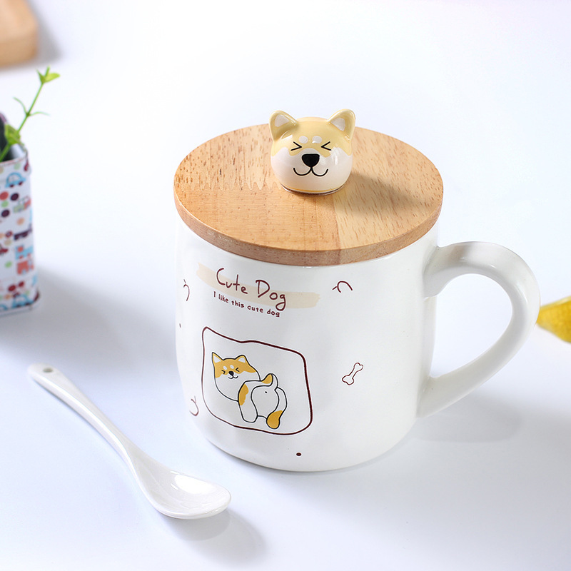 Zogift New Style 3D Cartoon Cute Dog Shape Ceramic Cup Wooden Lid Coffee Mug With Spoon