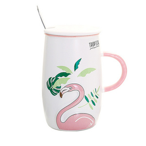 Ceramic large embossed pink flamingo coffee mug with lid and spoon cartoon tall drinks water tea cup