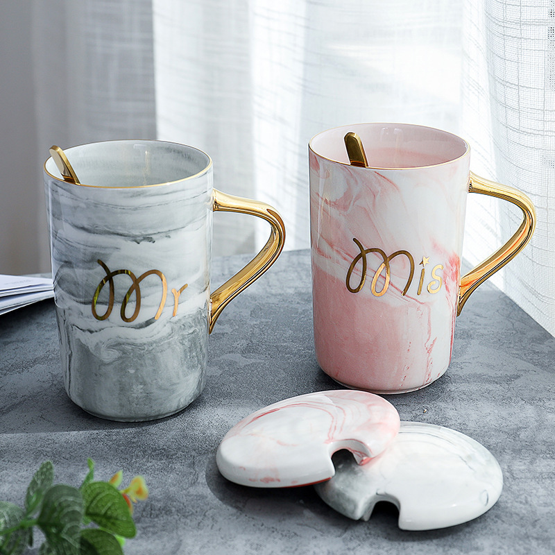 Nordic Style Wholesale Coffee Customized Ceramic Marble Mug Painted Gold Creative Couple Cup With Cover And Spoon