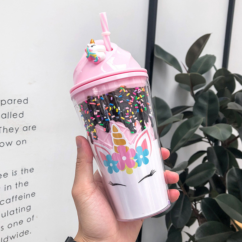 Zogifts korean fashion large plastic couple drink juice water cup cartoon cute unicorn pink coffee tea bottle with straw