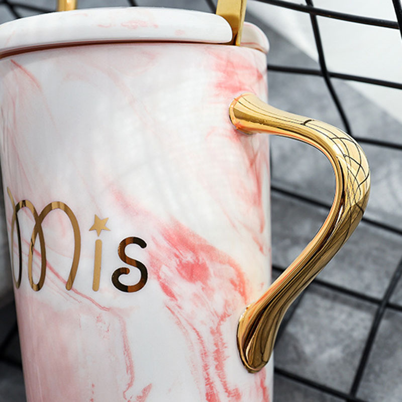 Nordic Style Wholesale Coffee Customized Ceramic Marble Mug Painted Gold Creative Couple Cup With Cover And Spoon