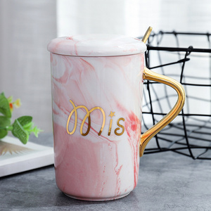 Nordic Style Wholesale Coffee Customized Ceramic Marble Mug Painted Gold Creative Couple Cup With Cover And Spoon