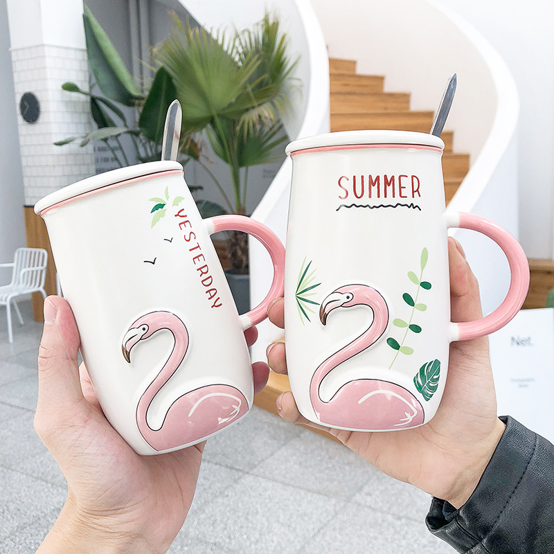 Ceramic large embossed pink flamingo coffee mug with lid and spoon cartoon tall drinks water tea cup