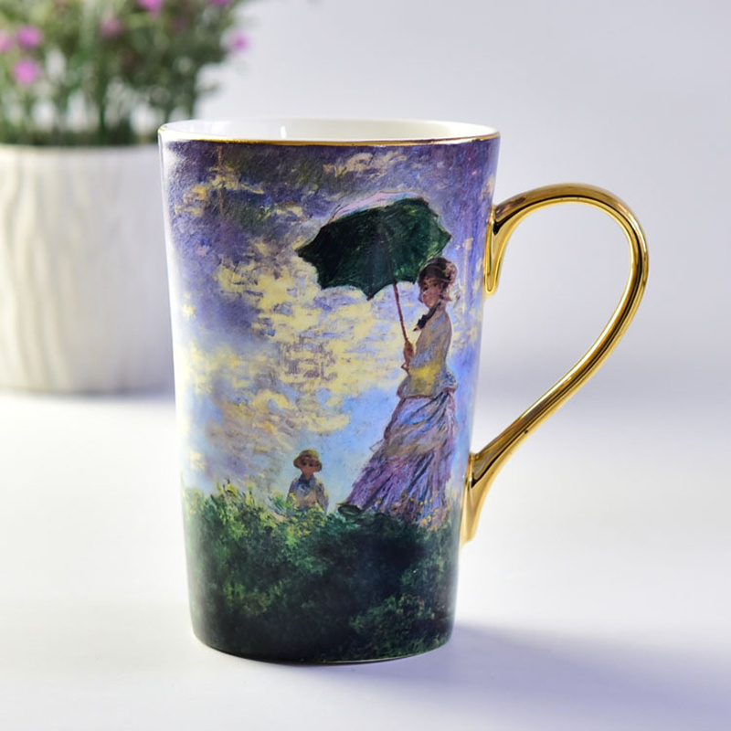 Factory Wholesale Custom Gifts Creative Gold Handle Oil Painting Fine Bone China Water Cup Retro Coffee Ceramic Mug