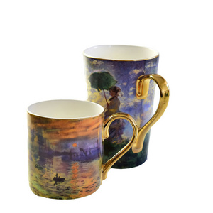 Factory Wholesale Custom Gifts Creative Gold Handle Oil Painting Fine Bone China Water Cup Retro Coffee Ceramic Mug