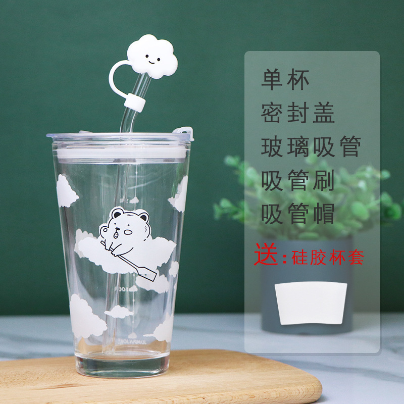 Cloud Bear Glass Water Cups with Elegant Lids Double Wall Skinny Tumbler New Style 8oz Drinking Mugs