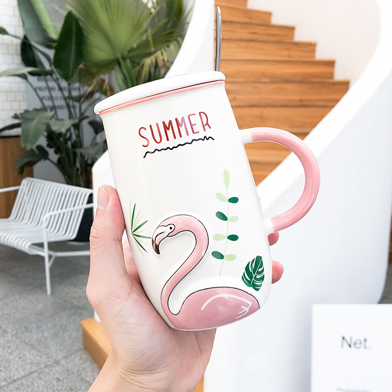 Ceramic large embossed pink flamingo coffee mug with lid and spoon cartoon tall drinks water tea cup