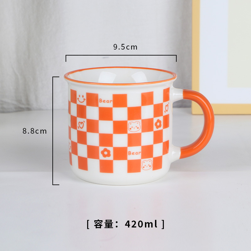 Zogift Custom Simple checkerboard ceramic mug creative large-capacity breakfast oatmeal coffee cup with lid spoon saucer