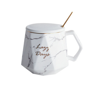 Personalized polygon shaped drinkware ceramic tea cup unique marble coffee mug with spoon for Mother Day Birthday Gifts