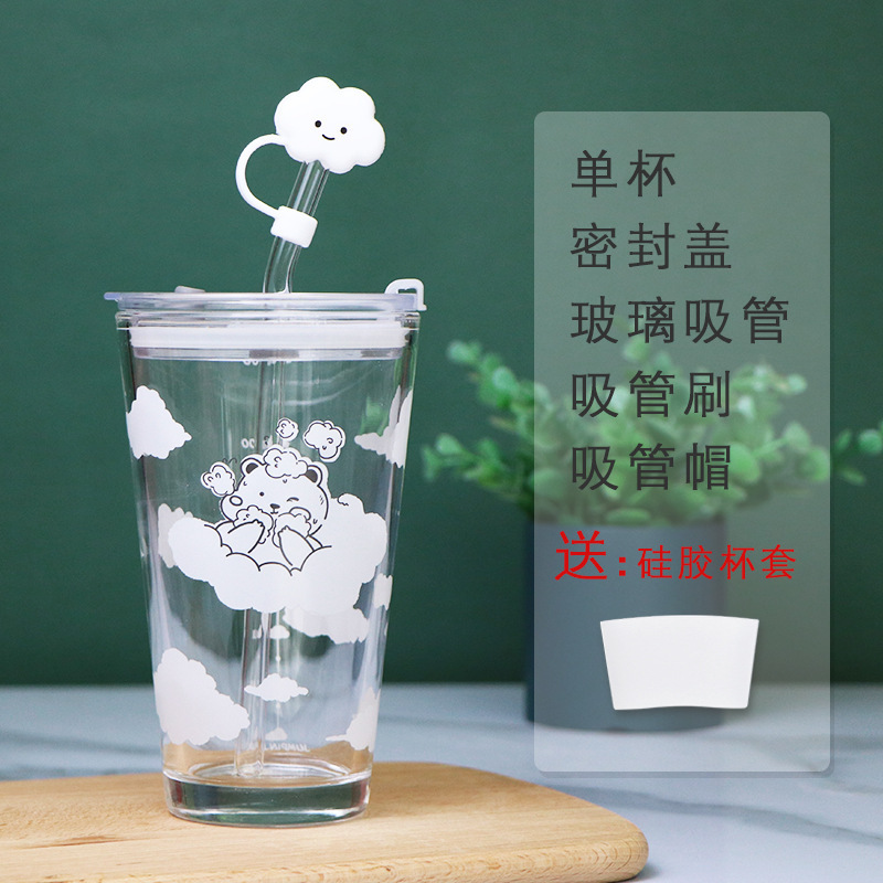 Cloud Bear Glass Water Cups with Elegant Lids Double Wall Skinny Tumbler New Style 8oz Drinking Mugs