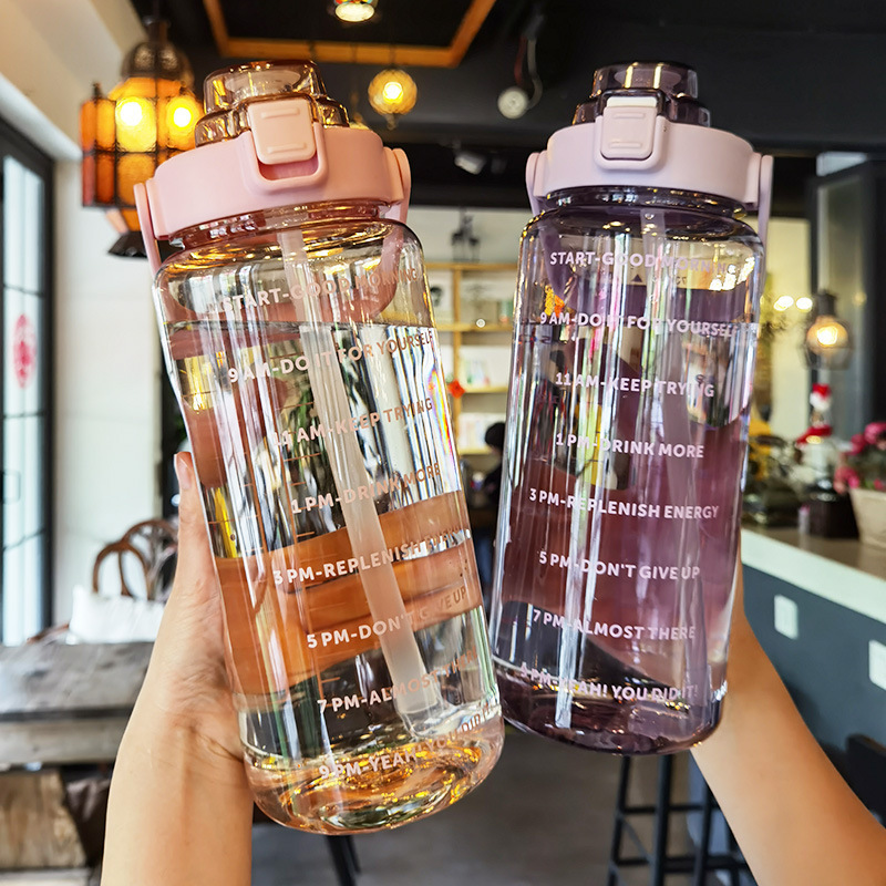 motivational water bottle 2l 2 liter 1 gallon sports plastic drinking big capacity straw type with time marker bpa tritan small