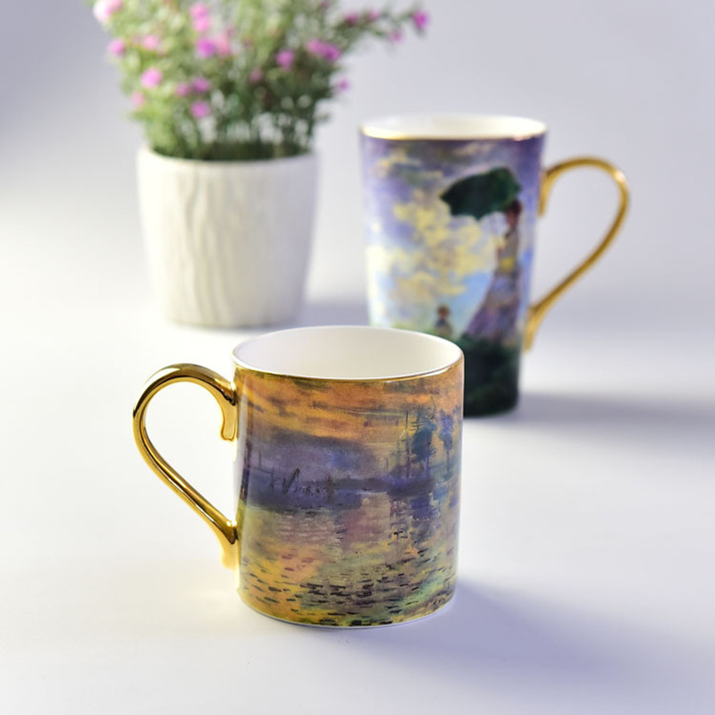 Factory Wholesale Custom Gifts Creative Gold Handle Oil Painting Fine Bone China Water Cup Retro Coffee Ceramic Mug