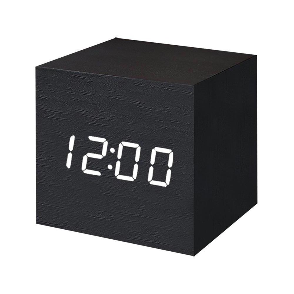 wooden clock Desktop table Square Bamboo temperature display Single Face Thermometer led Alarm distressed vintage digital toy