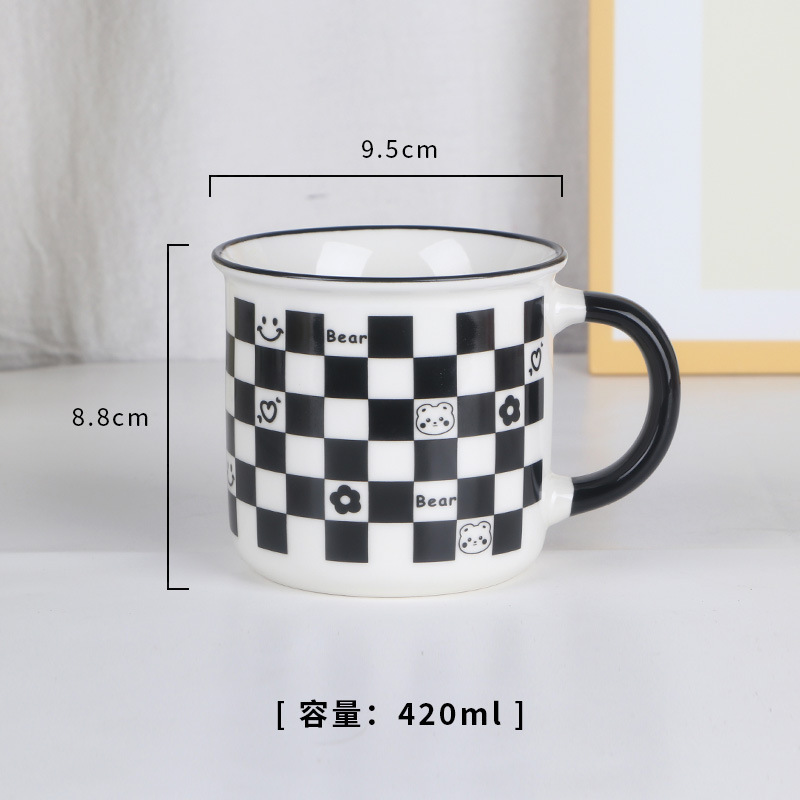 Zogift Custom Simple checkerboard ceramic mug creative large-capacity breakfast oatmeal coffee cup with lid spoon saucer