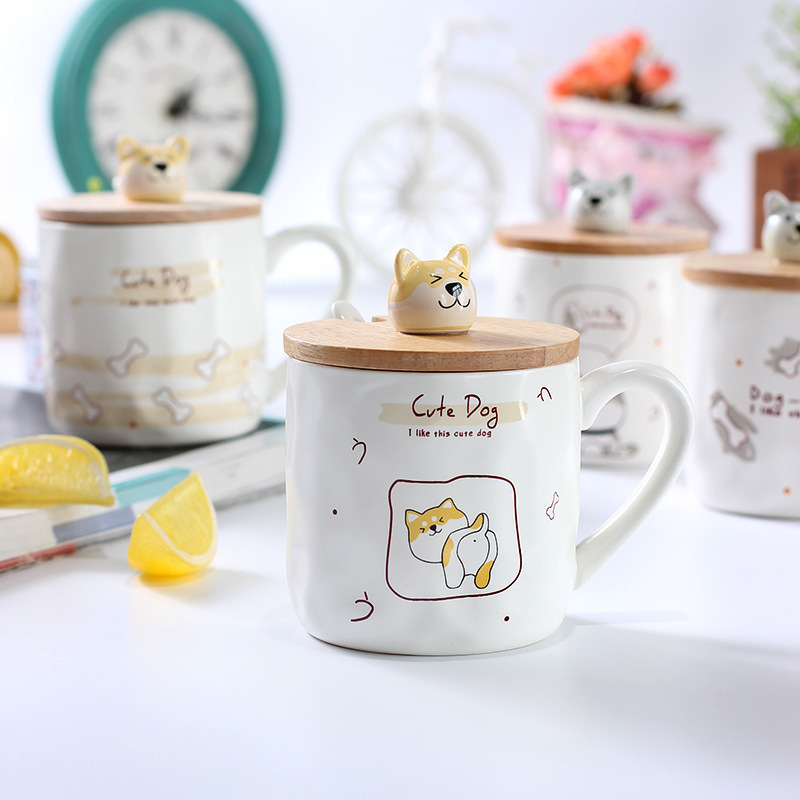 Zogift New Style 3D Cartoon Cute Dog Shape Ceramic Cup Wooden Lid Coffee Mug With Spoon