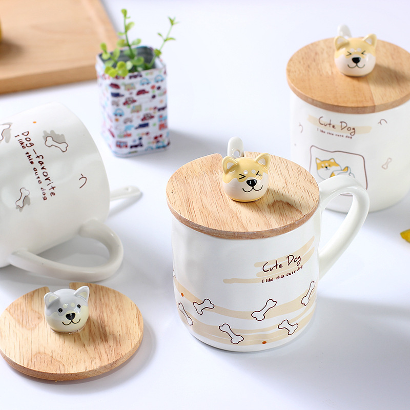 Zogift New Style 3D Cartoon Cute Dog Shape Ceramic Cup Wooden Lid Coffee Mug With Spoon