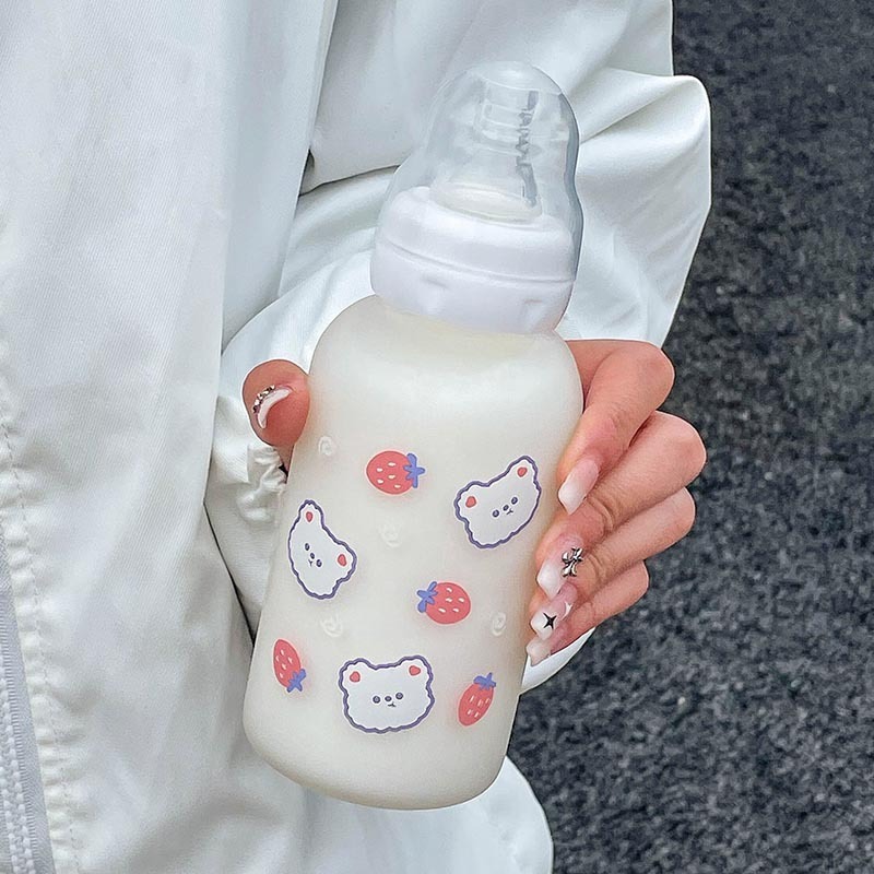 Zogifts Cute Cartoon Strawberry Bear Glass With Pacifier Water Straw Cup For Adult Children Beverage Milk Frosted Bottle