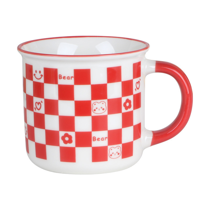 Zogift Custom Simple checkerboard ceramic mug creative large-capacity breakfast oatmeal coffee cup with lid spoon saucer