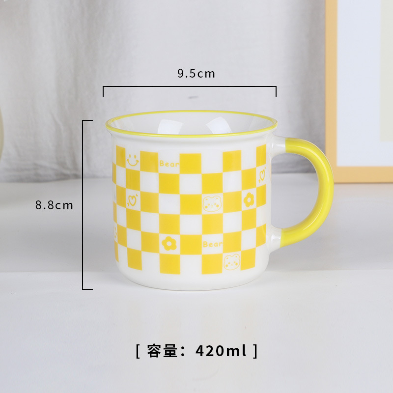 Zogift Custom Simple checkerboard ceramic mug creative large-capacity breakfast oatmeal coffee cup with lid spoon saucer