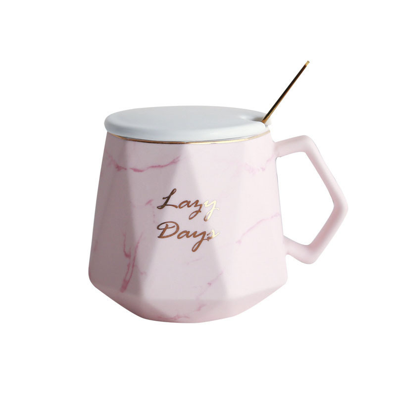 Personalized polygon shaped drinkware ceramic tea cup unique marble coffee mug with spoon for Mother Day Birthday Gifts