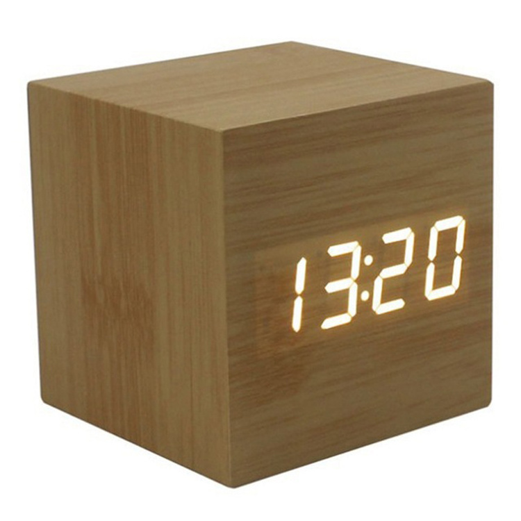 wooden clock Desktop table Square Bamboo temperature display Single Face Thermometer led Alarm distressed vintage digital toy