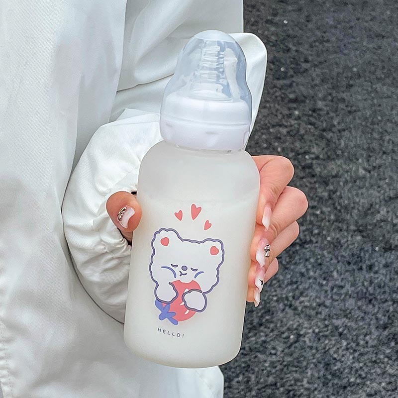 Zogifts Cute Cartoon Strawberry Bear Glass With Pacifier Water Straw Cup For Adult Children Beverage Milk Frosted Bottle