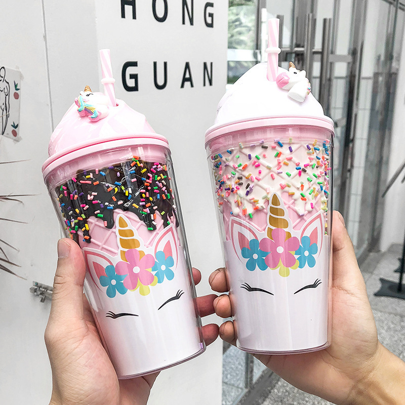 Zogifts korean fashion large plastic couple drink juice water cup cartoon cute unicorn pink coffee tea bottle with straw