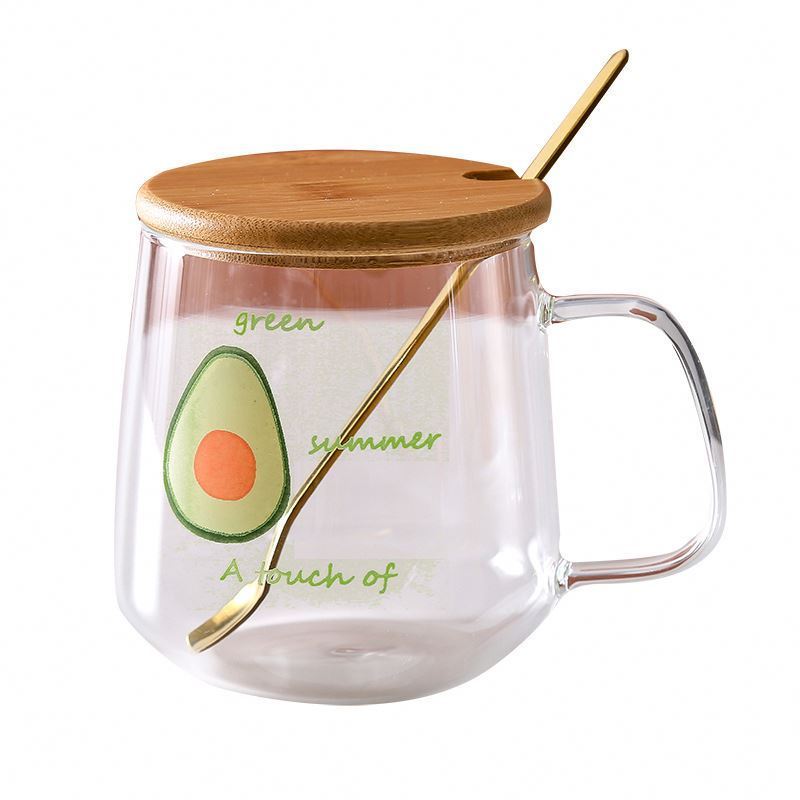 Zogifts Cartoon Big Capacity Lovely Clear Glass Mug Wooden Lids Customized Brief Household Strawberry Milk Juicer Cup