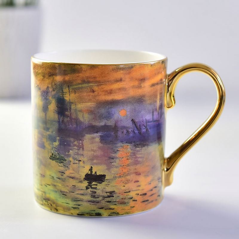 Zogifts Factory Wholesale Custom Gifts Creative Gold Handle Oil Painting Fine Bone China Water Cup Retro Coffee Ceramic Mug