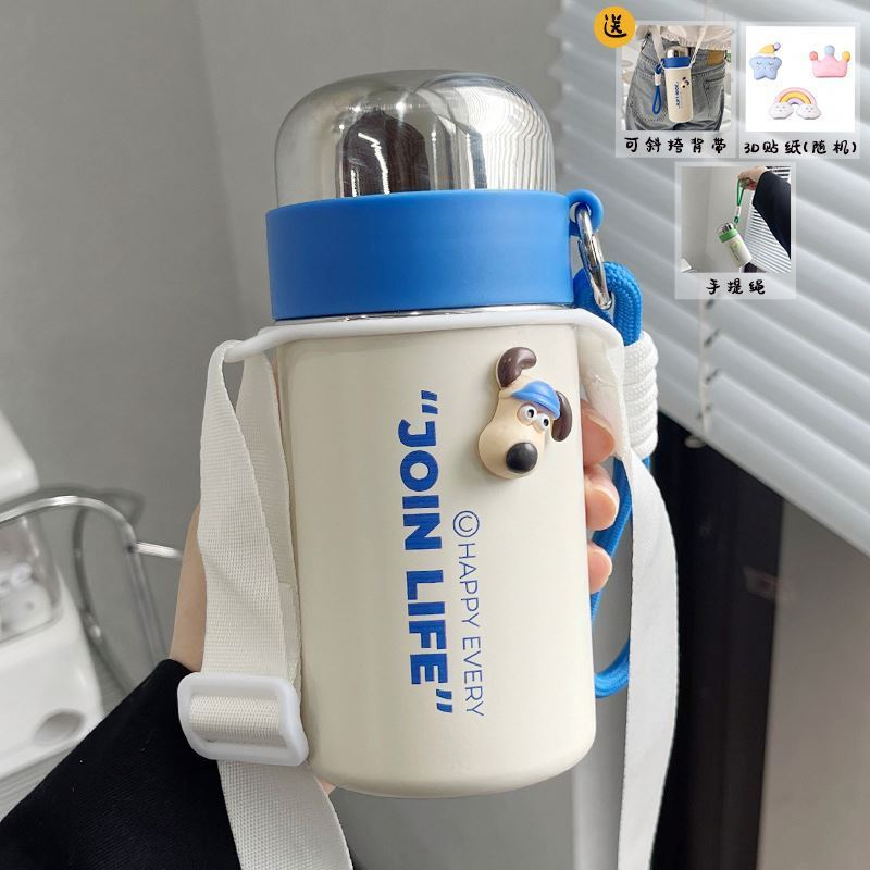 3d sticker stainless steel water bottle with rope handle portable sport travel double wall drink cup food grade metal coffee mug