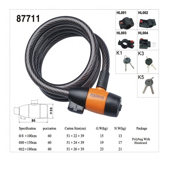 ZOLi 87711 China Security Storage Bicycle Key Lock Wire Bike Lock Cable Lock