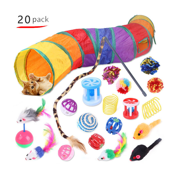 Pet Cat Toys 20 Pack Funny Cat Stick Feather Tunnel Fishing Rod Combination Toy Set