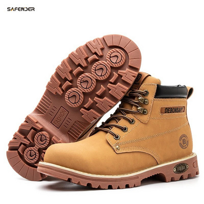 SAFENDER Brown Genuine Leather Steel Toe Outdoor Shoes Men Work Industrial Safety Boots