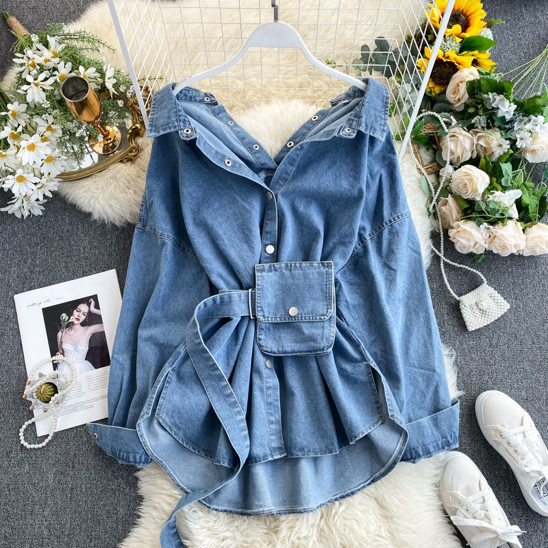 W-S349A Autumn Women Lapel Long Sleeve High Waist Patchwork Bag Ruched Denim Blouses