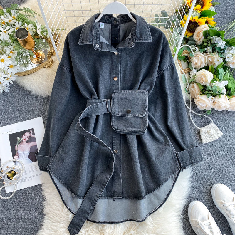 W-S349A Autumn Women Lapel Long Sleeve High Waist Patchwork Bag Ruched Denim Blouses