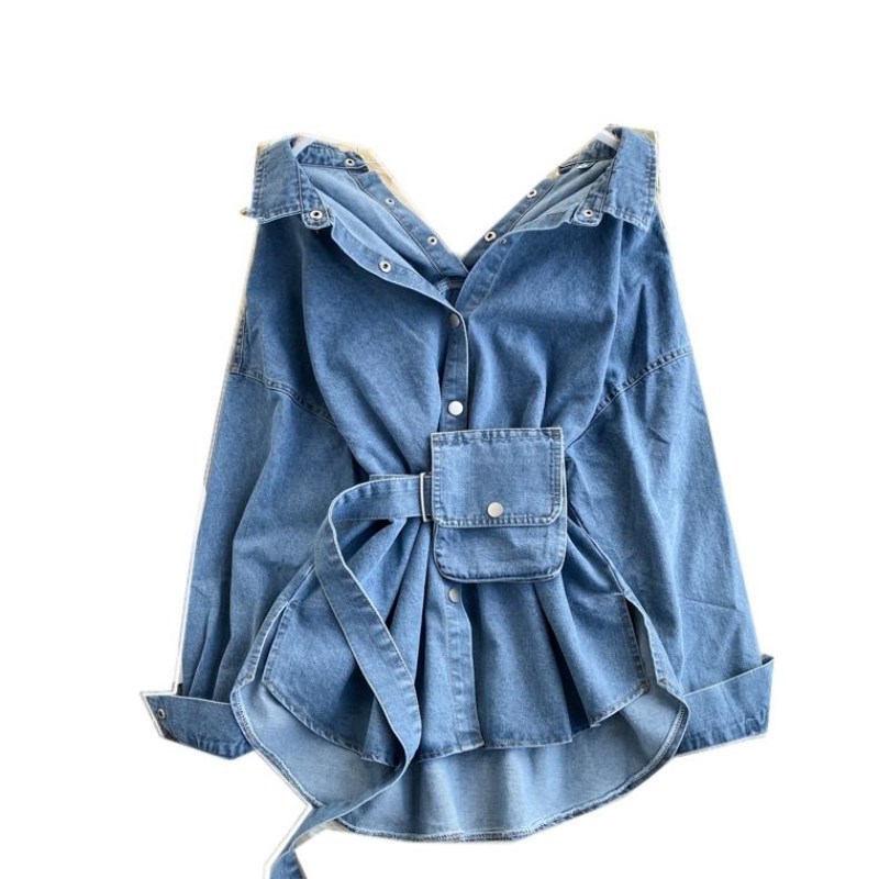 W-S349A Autumn Women Lapel Long Sleeve High Waist Patchwork Bag Ruched Denim Blouses