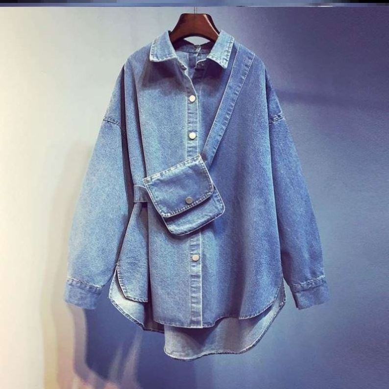 W-S349A Autumn Women Lapel Long Sleeve High Waist Patchwork Bag Ruched Denim Blouses