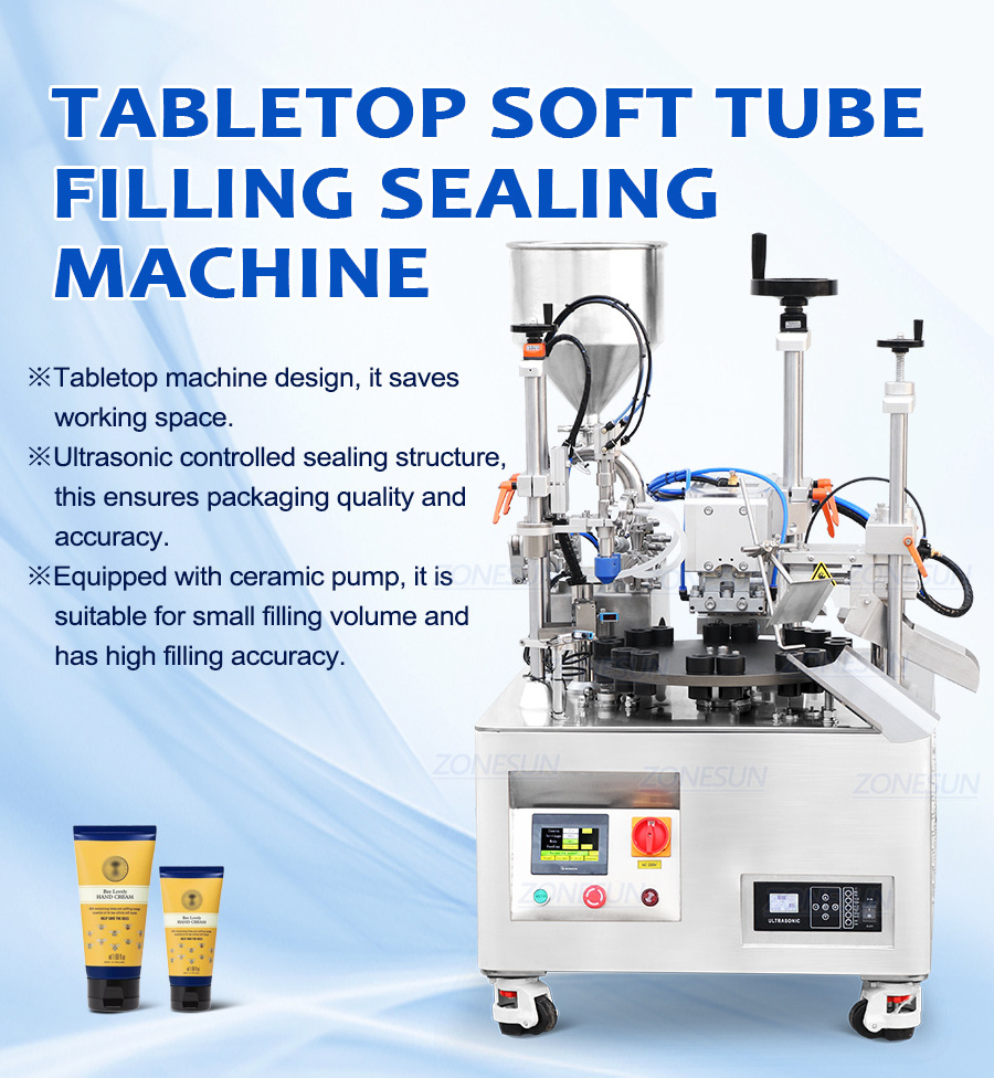 ZONESUN ZS-AFS05 Tabletop Ceramic Pump Rotary Automatic Ultrasonic Skincare Cosmetic Plastic Soft Tube Filling Sealing Machine