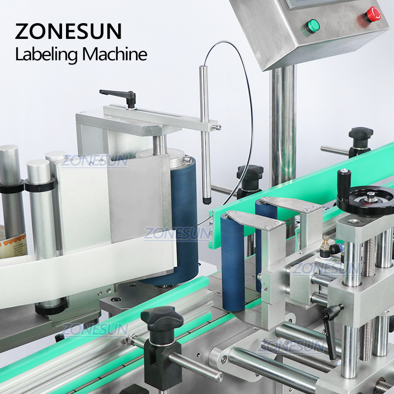 ZONEUN Automatic Round Bottle Flat Caps Sticker Label Applicator Cosmetics Food Plastic PET Chewing Gum Bottle Labeling Machine