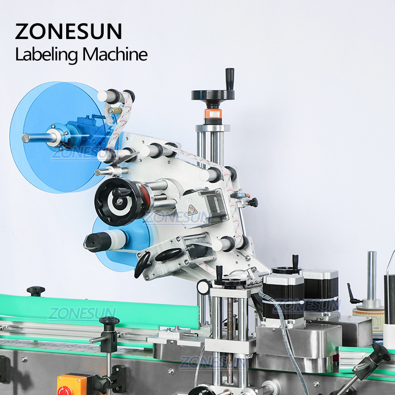 ZONEUN Automatic Round Bottle Flat Caps Sticker Label Applicator Cosmetics Food Plastic PET Chewing Gum Bottle Labeling Machine