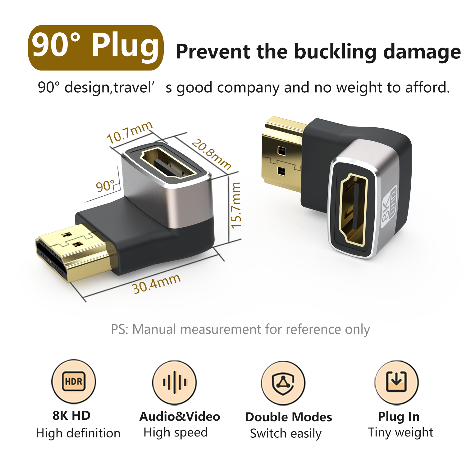 HDMI 90 Degree Adapter Right Angle Up Male to Female Adapter 8K HDR HD Compatible with Laptop UHD TV Monitor PS5 PS4