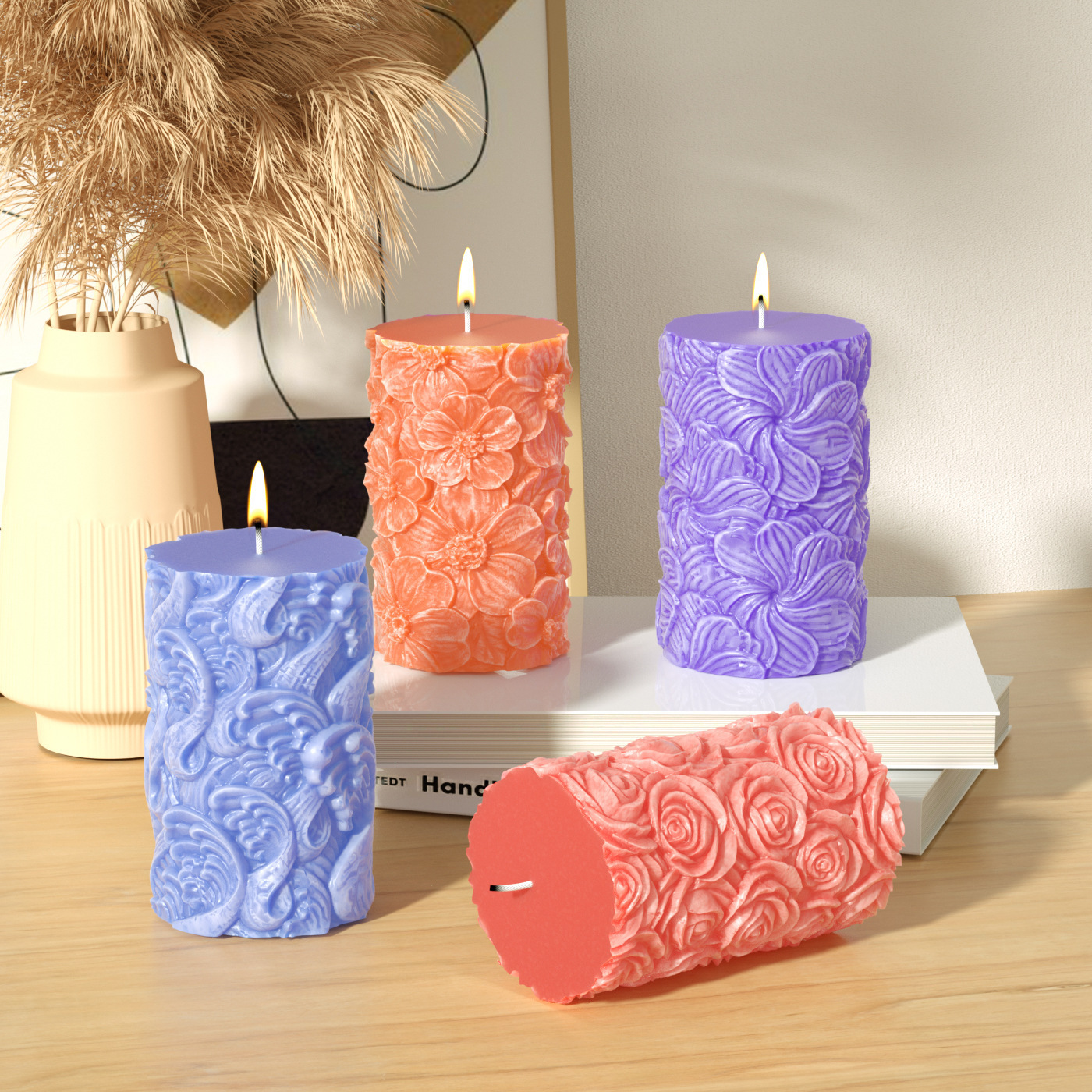 6Pcs cylinder flower candle mold silicone for wax gypsum making DIY festival candle mould cylinder rose silicone mold for candle