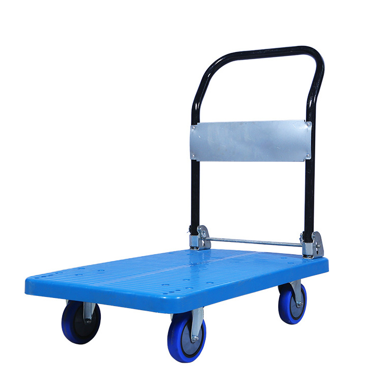 Customized heavy duty folding four wheel plastic platform hand truck trolley for warehouse