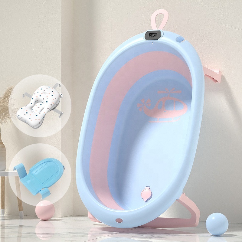 Wholesale New Born Bathtub set Plastic Safety Collapsible Portable Foldable baby bath tub With Temperature Cushion