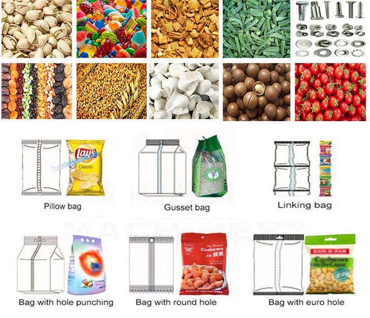 Automatic Weighing Pillow Plastic Bag Food Snacks Banana Chips Dry Nuts Pouch Packaging Machine