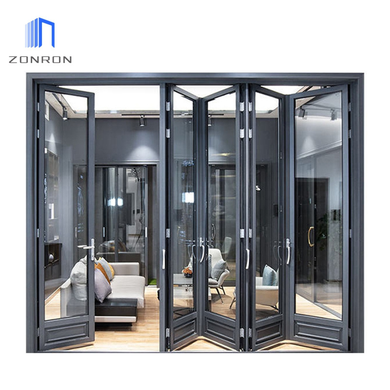 Zonron Hot Sale Exterior Insulated Double Low-E Glass Insulated Bi Fold Door Aluminum Accordion Glass Folding Doors