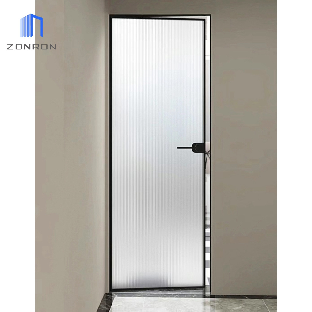 Zonron Modern Bathroom flush glass door Narrow Frame Casement Aluminum Ribbed Glass Door Interior Kitchen Swing Doors