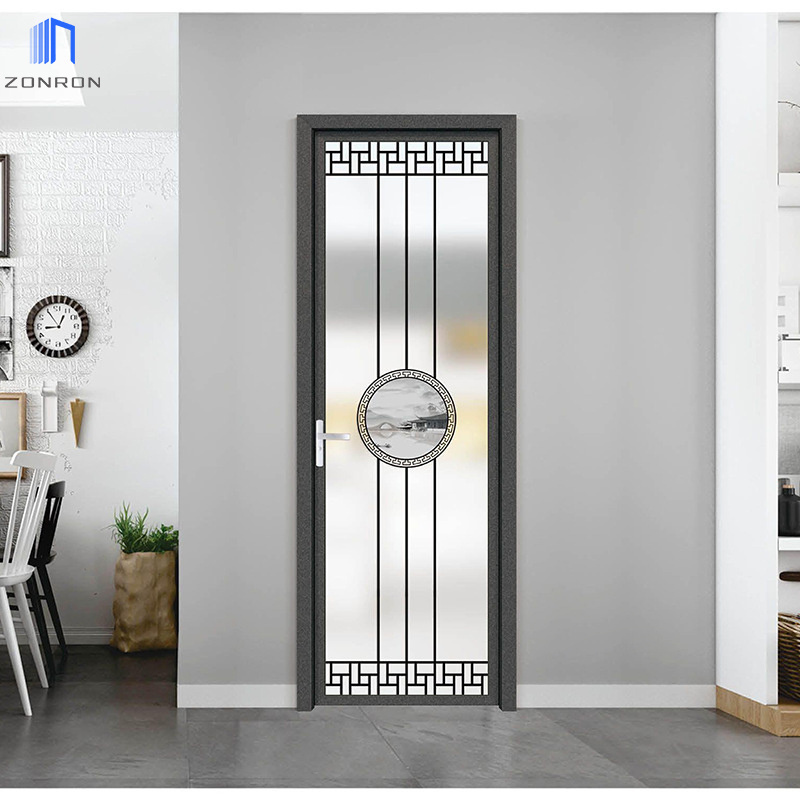 Zonron Modern Bathroom flush glass door Narrow Frame Casement Aluminum Ribbed Glass Door Interior Kitchen Swing Doors