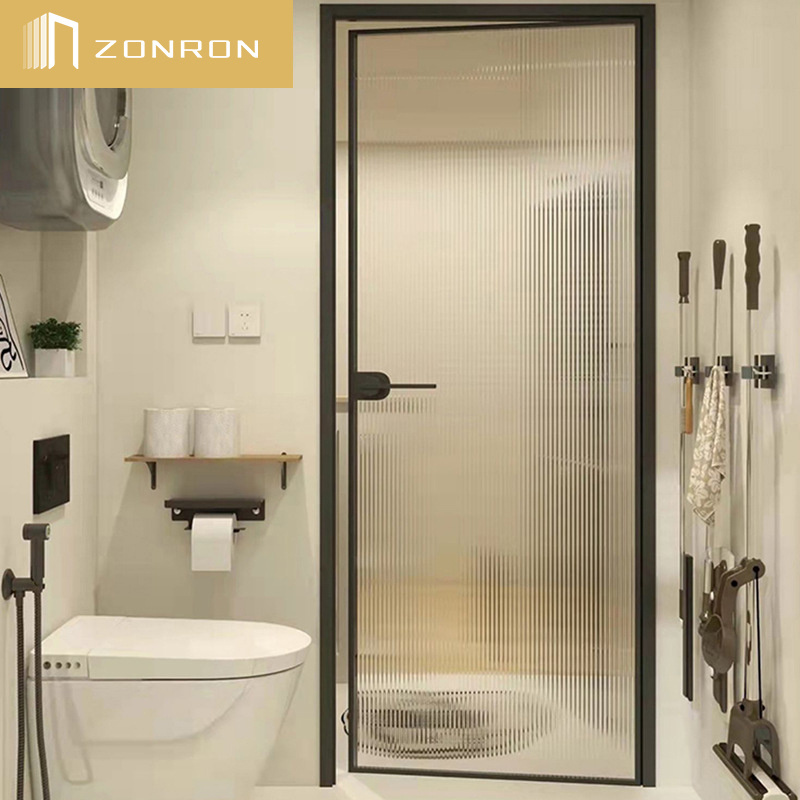 Zonron Modern Bathroom flush glass door Narrow Frame Casement Aluminum Ribbed Glass Door Interior Kitchen Swing Doors